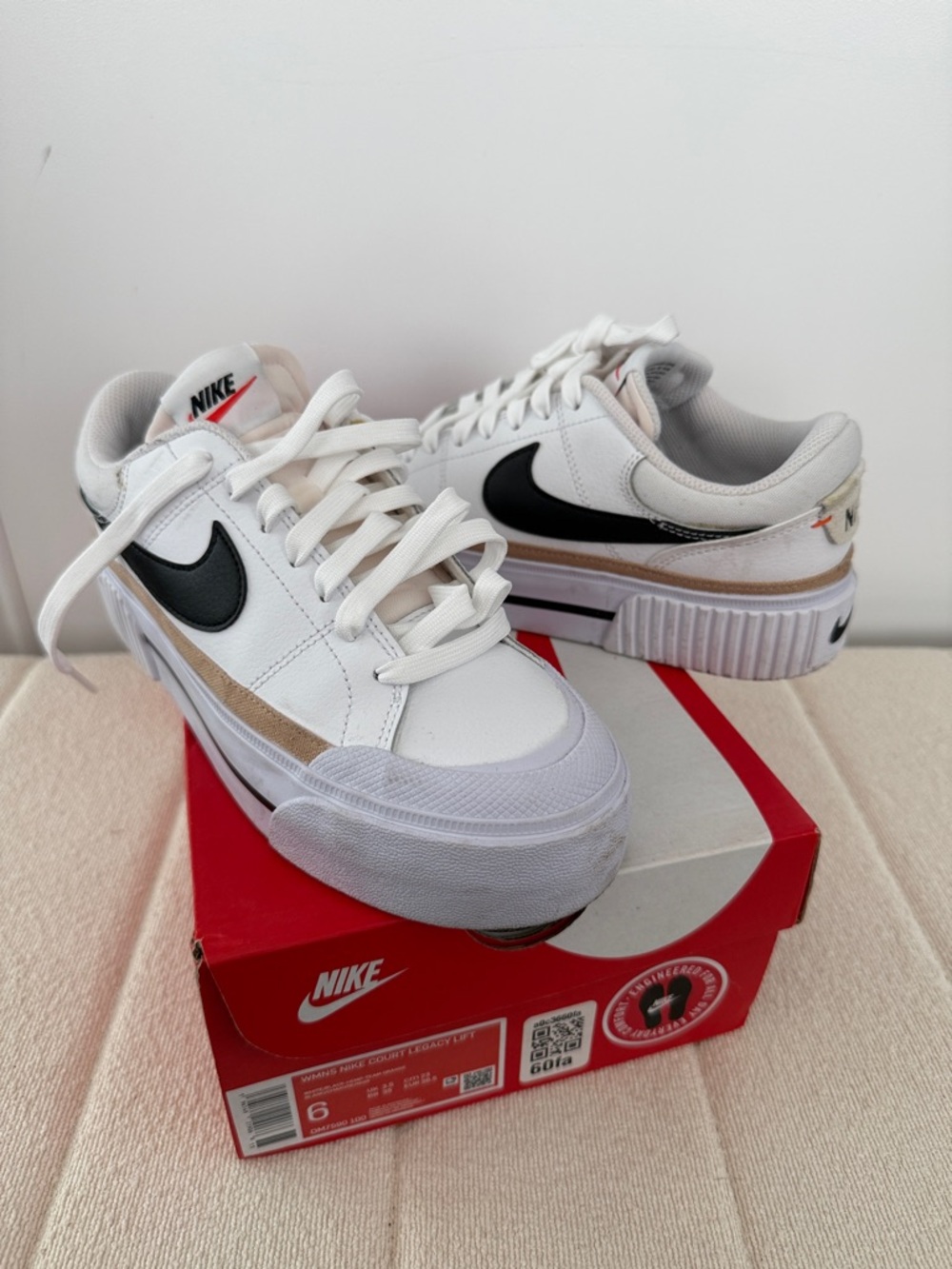 Nike Court Legacy Lift White Sneakers with Black Swoosh and Tan Accent